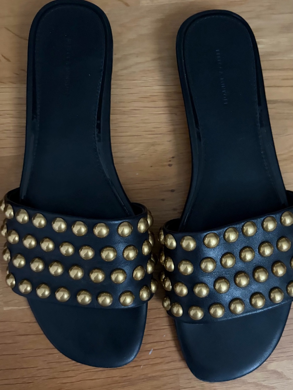 Rebecca Minkoff Black Slide Sandals with Gold Studs